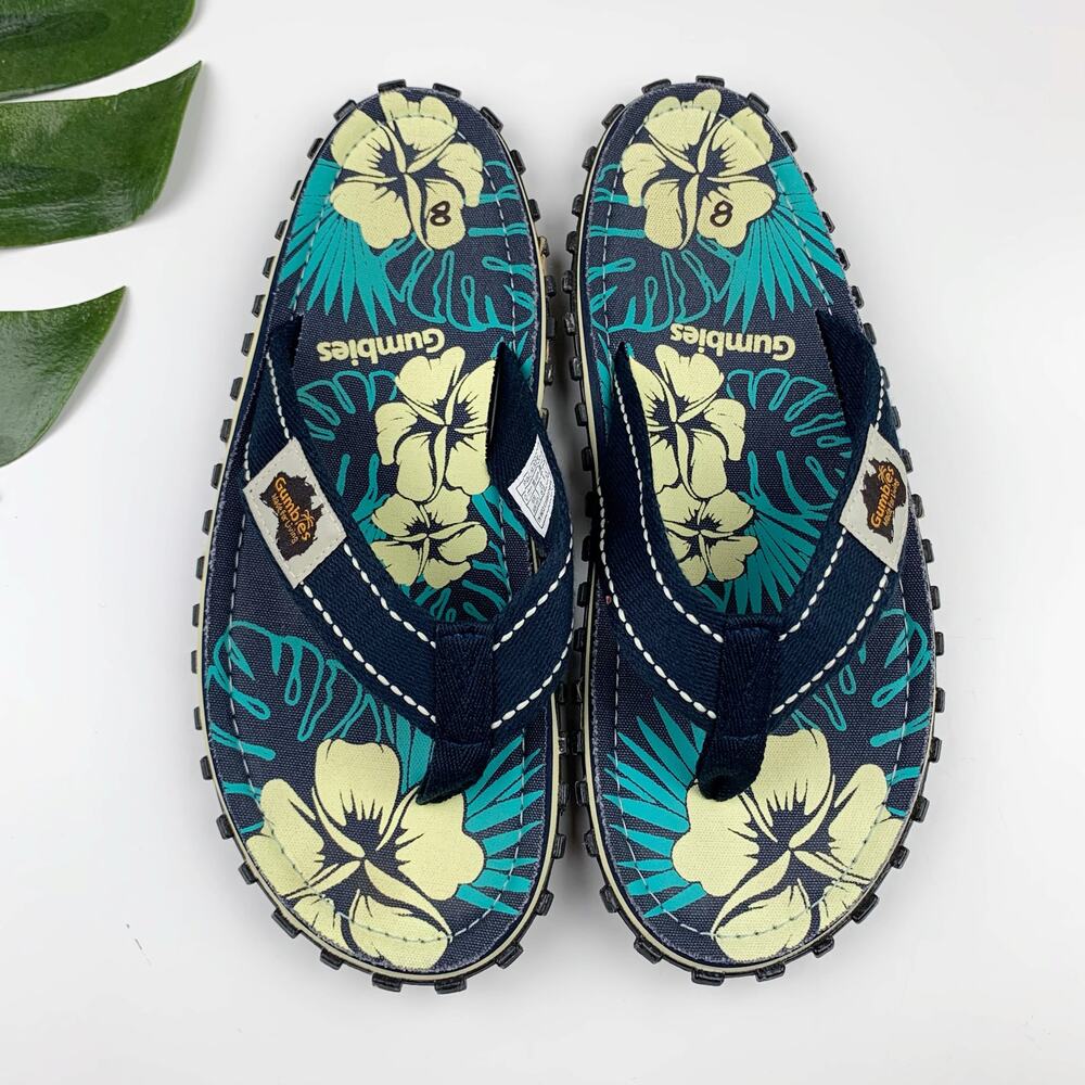 Gumbies Islander Flips Flops Blue Hibiscus Thong Sandals Men's 8 Women's 9